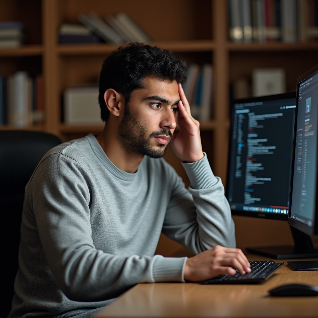 Professional with multiple open screens demonstrating the cognitive cost of task switching