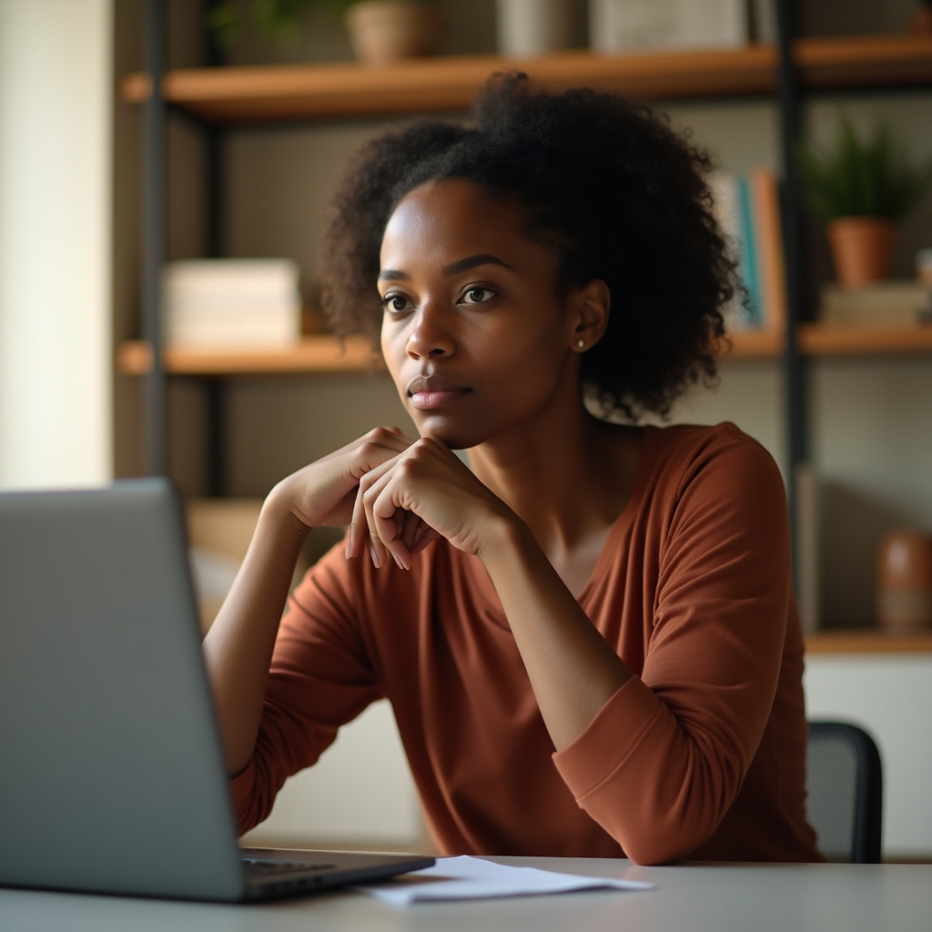 Professional at desk with thoughtful expression managing interpersonal communication and emotional demands