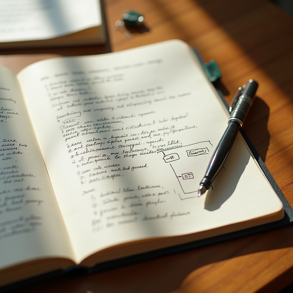 Open notebook with structured notes and a pen on a wooden desk, representing the development of the energy management framework