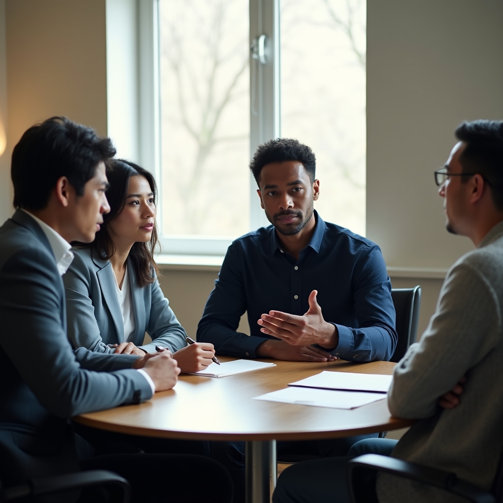 Small team in a meeting room discussing agenda structure and energy-conscious scheduling