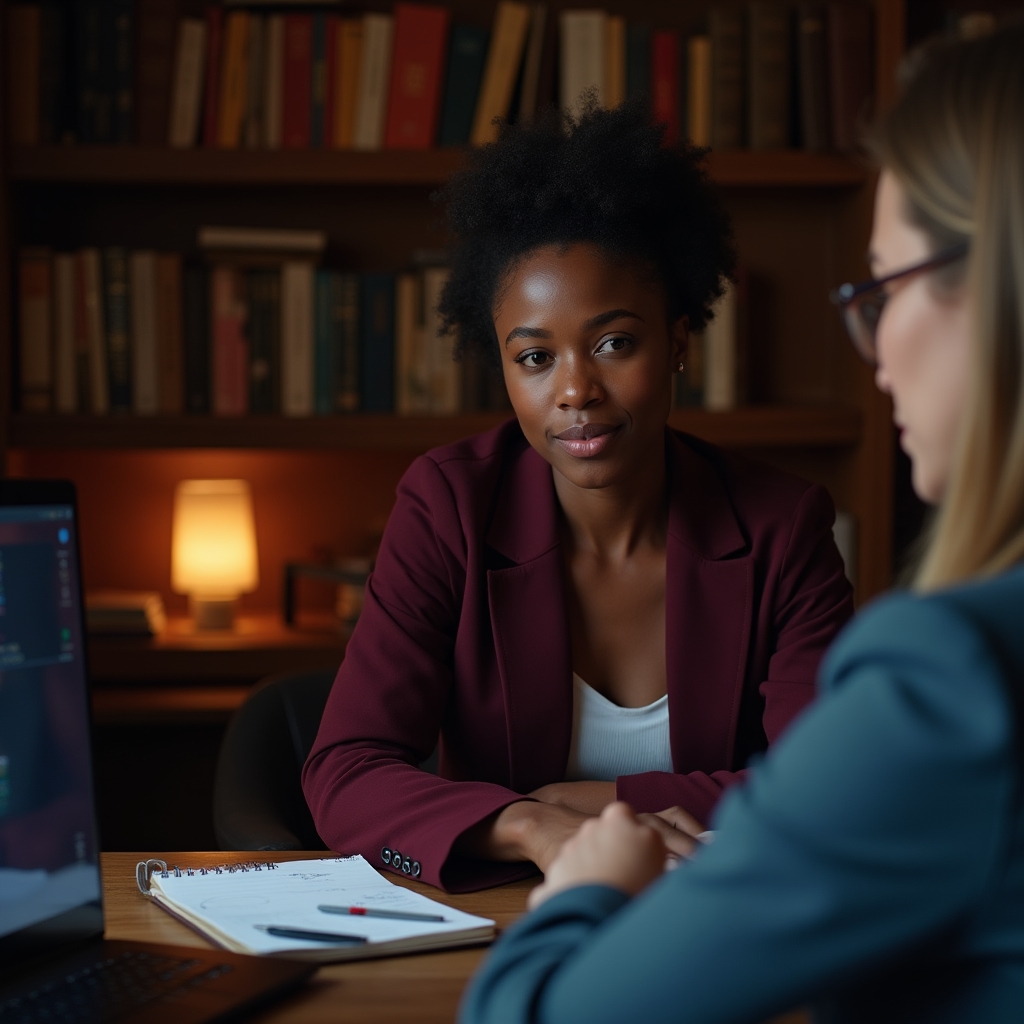 Two professionals in a focused video consultation discussing energy management and workday structure