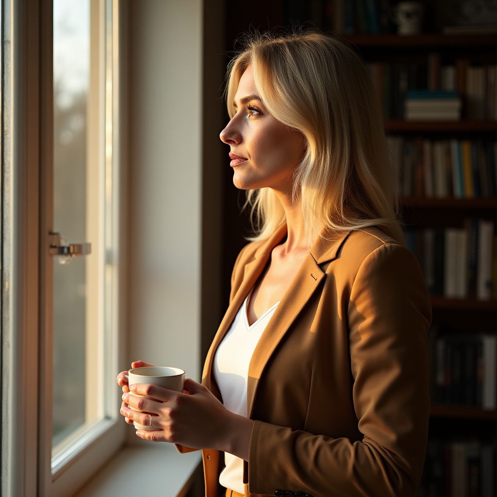 Professional looking thoughtfully out window in the afternoon, experiencing mid-day energy decline despite organized schedule