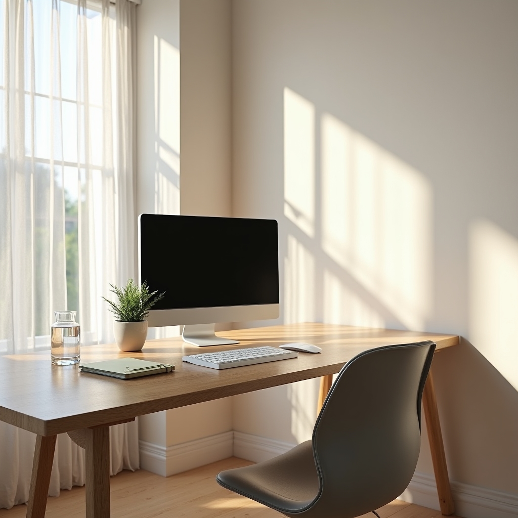 Organized, light-filled home office with thoughtful ergonomic setup and minimal visual clutter